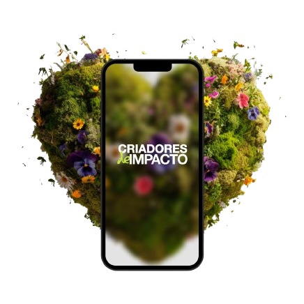 Coração de musgo e flores com smartphone exibindo o logo Criadores de Impacto